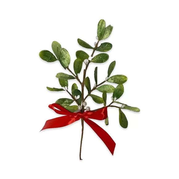 Kurt S. Adler Floral Decor>10" Mistletoe Pick With Red Satin Bow