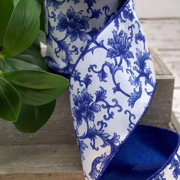 D. Stevens Spring>Blue Chinoiserie Ribbon, 4" X 10Yd