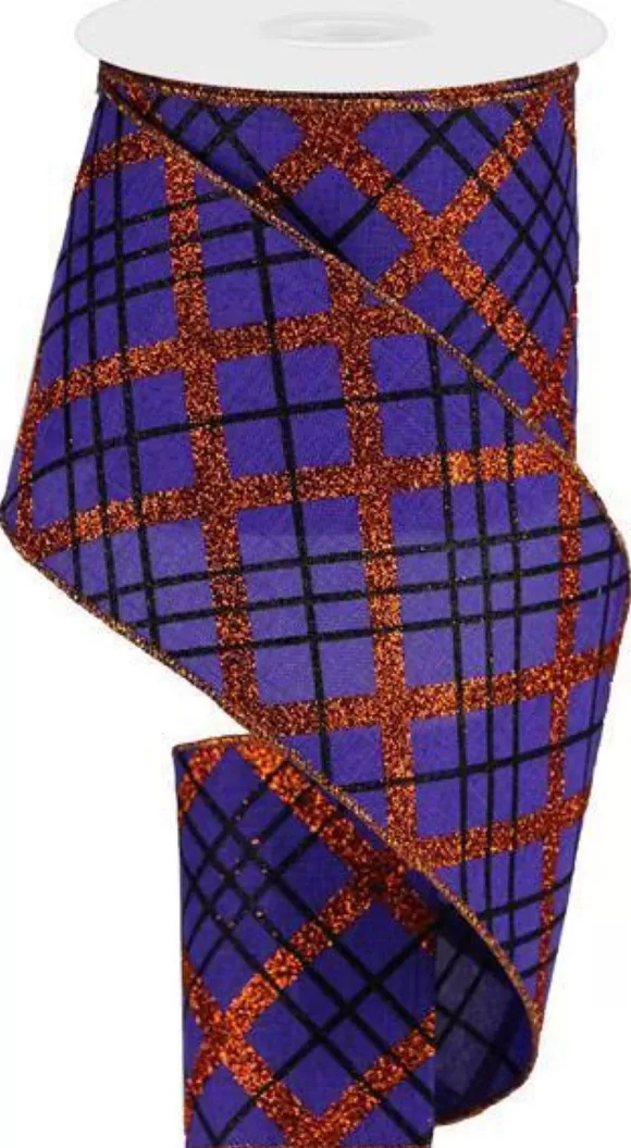 Craig Bachman Ribbon>Glitter Diagonal Plaid Royal Ribbon, 4" X 10Yd