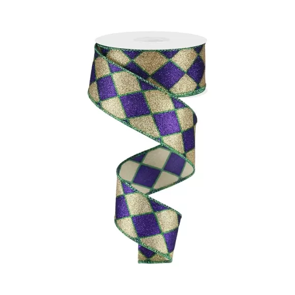 Craig Bachman Ribbon>Glitter Harlequin Ribbon, Purple & Gold 1.5"X10Yd