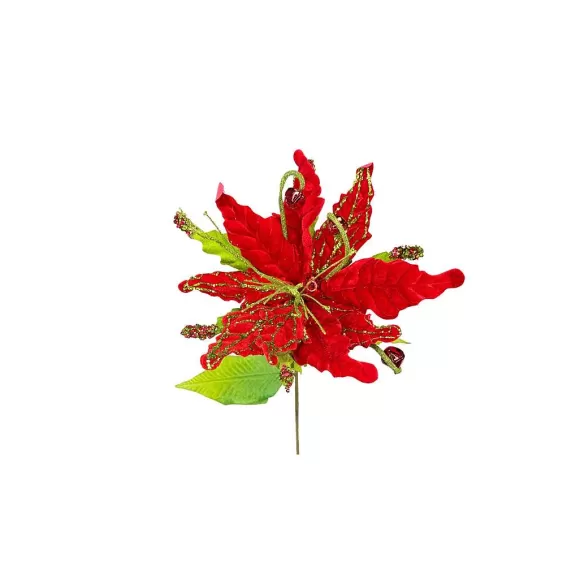 Regency Floral>Glitter Velvet Jinglebell Poinsettia Stem