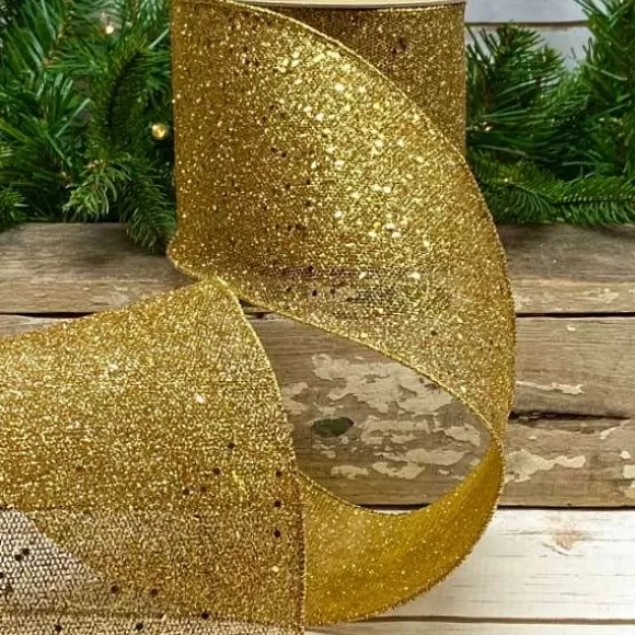 D. Stevens Ribbon>Gold Glitter Mesh Ribbon, 4" X 10Yd