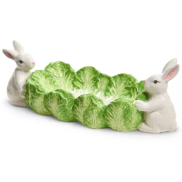 RAZ Kitchen & Dining>Green Cabbage Tray With Bunnies