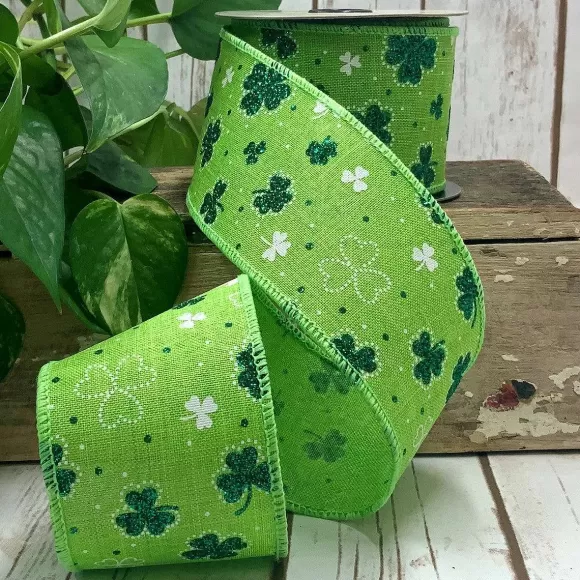 D. Stevens Ribbon>Green Glitter Shamrock On Green Ribbon, 2.5" X 10Yd