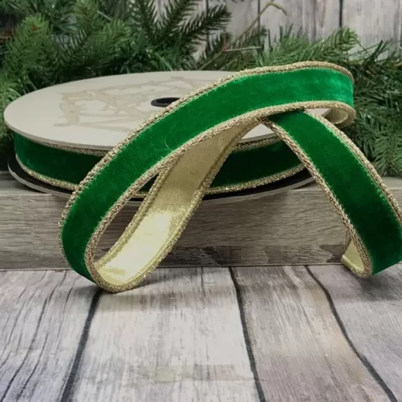 D. Stevens Ribbon>Green Velvet Glitter Gold Trim Ribbon, 1" X 10Yd