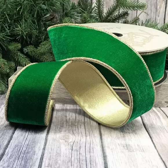 D. Stevens Ribbon>Green Velvet Glitter Gold Trim Ribbon, 4" X 10Yd