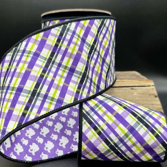 D. Stevens Halloween>Halloween Purple Plaid With Ghost Ribbon, 4" X 10Yd