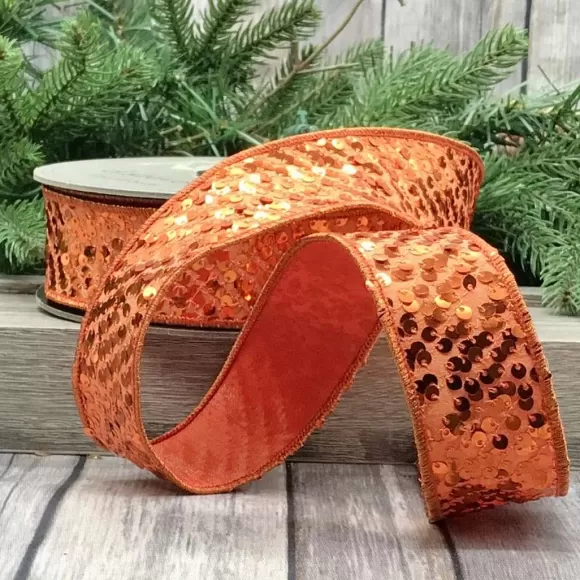 D. Stevens Ribbon>Orange Metallic Sequin Ribbon, 1.5" X 10Yd