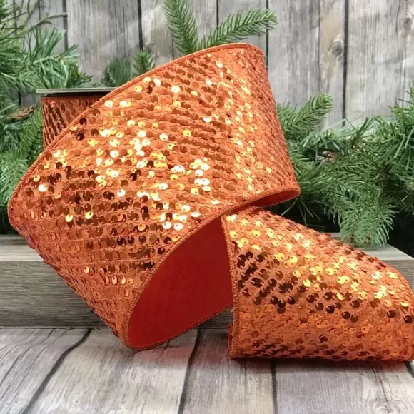 D. Stevens Ribbon>Orange Metallic Sequin Ribbon, 4" X 10Yd