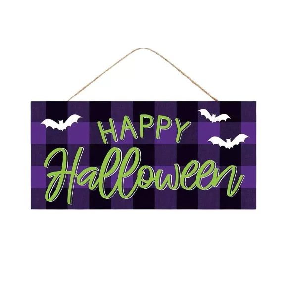 Craig Bachman Table Decor>Purple Check Happy Halloween Sign