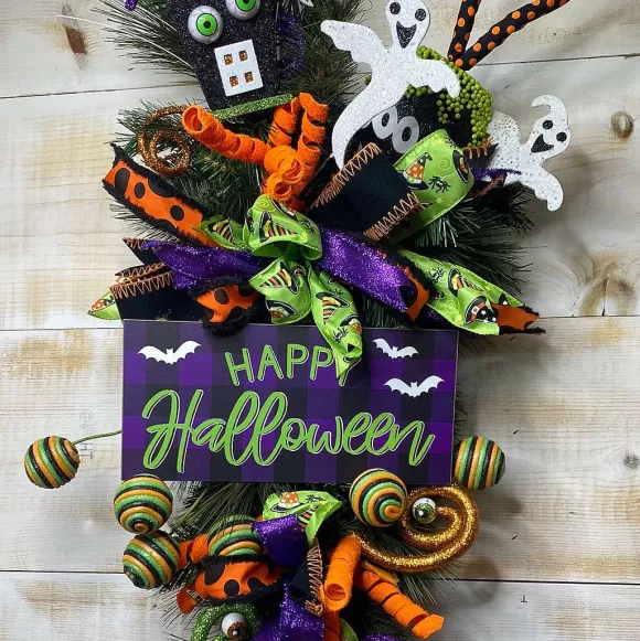 Craig Bachman Table Decor>Purple Check Happy Halloween Sign