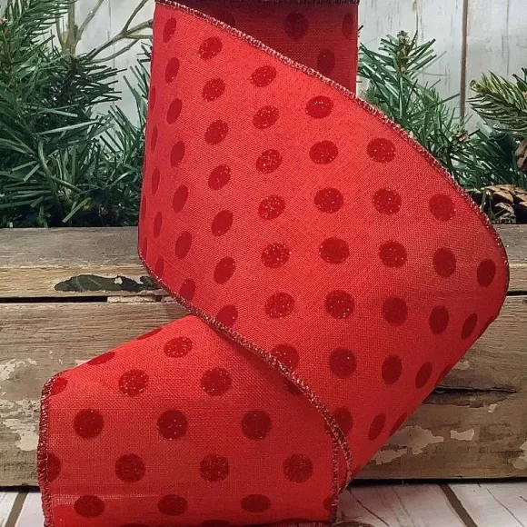 D. Stevens Ribbon>Red Flocked Glitter Polka Dot Ribbon, 4" X 10Yd