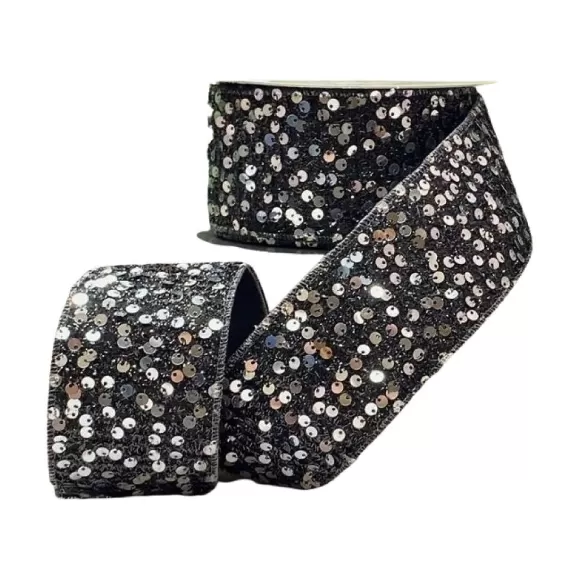 D. Stevens Ribbon>Silver And Black Sequin Tinsel Ribbon, 2.5" X 10Yd