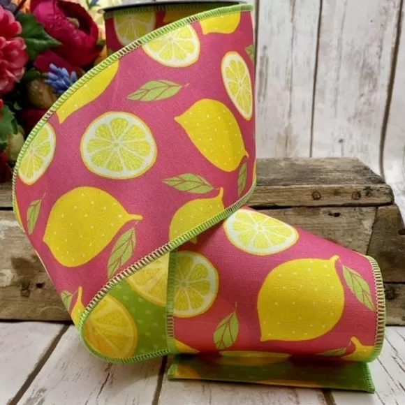 D. Stevens Ribbon>Sliced Lemons Pink Ribbon, 4" X 10Yd