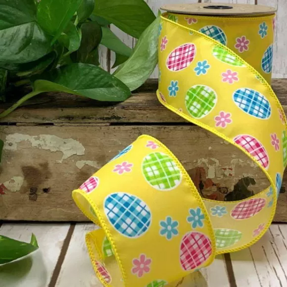 D. Stevens Ribbon>Yellow Easter Egg And Daisy Ribbon, 2.5" X 10Yd